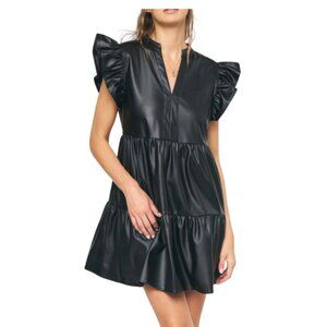 Faux Leather Ruffle Sleeve V-Neck Tiered Mini Dress - Black - Entro -